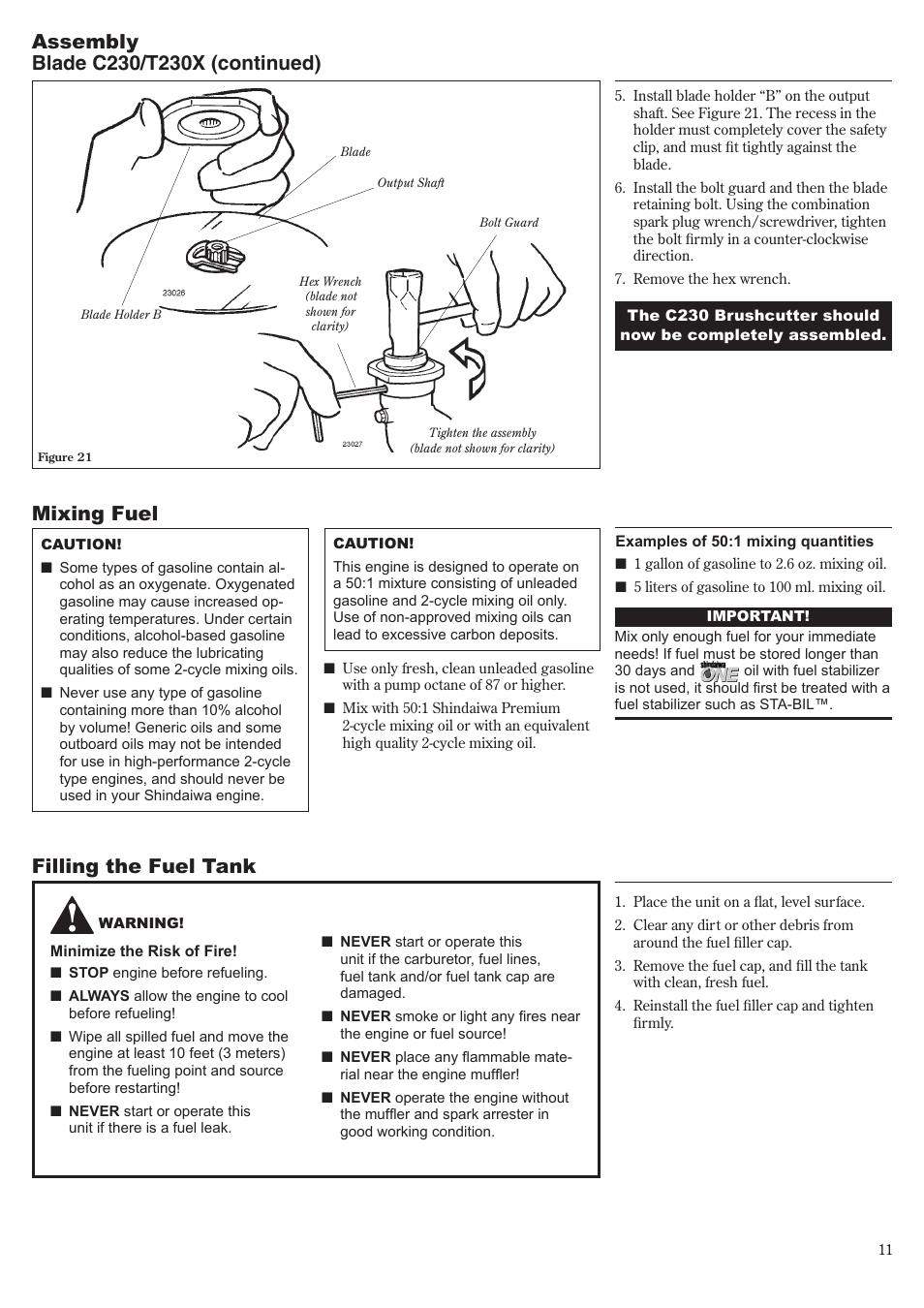 Filling the fuel tank, Mixing fuel | Shindaiwa T230 User Manual | Page 11 / 24