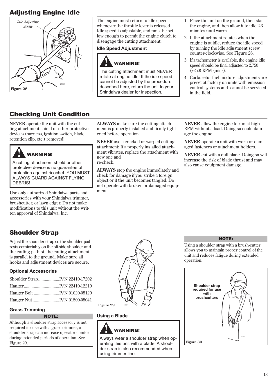 Adjusting engine idle, Shoulder strap, Checking unit condition | Shindaiwa T230 User Manual | Page 13 / 24