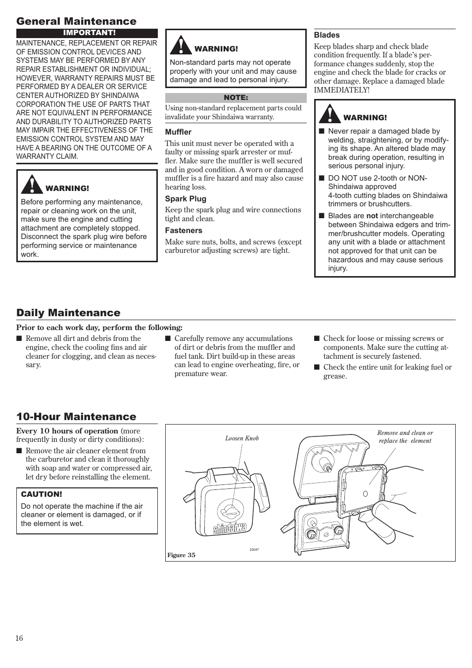 General maintenance, Daily maintenance, Hour maintenance | Shindaiwa T230 User Manual | Page 16 / 24