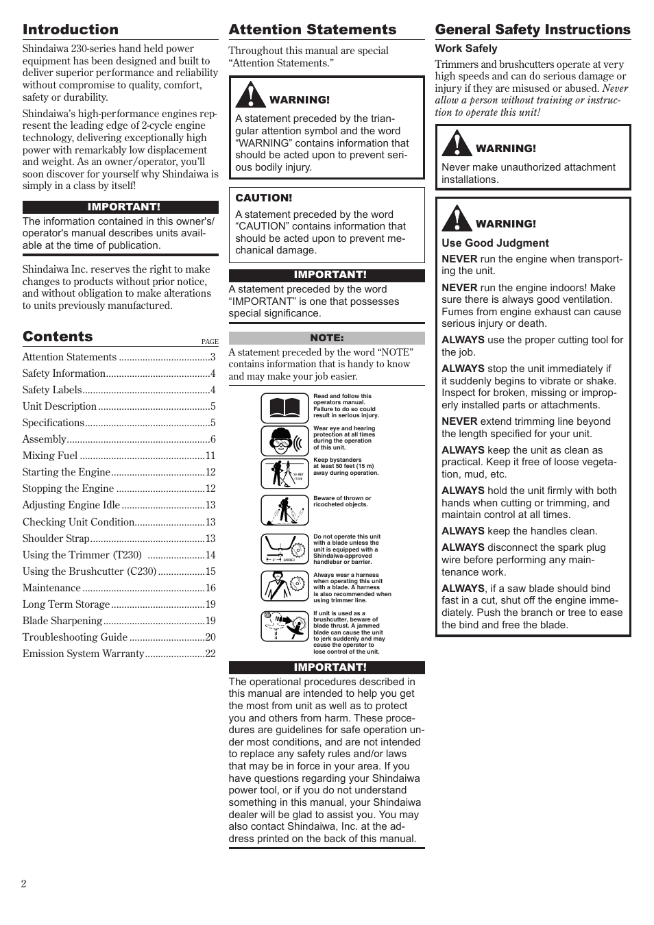 Contents introduction, Attention statements, General safety instructions | Shindaiwa T230 User Manual | Page 2 / 24