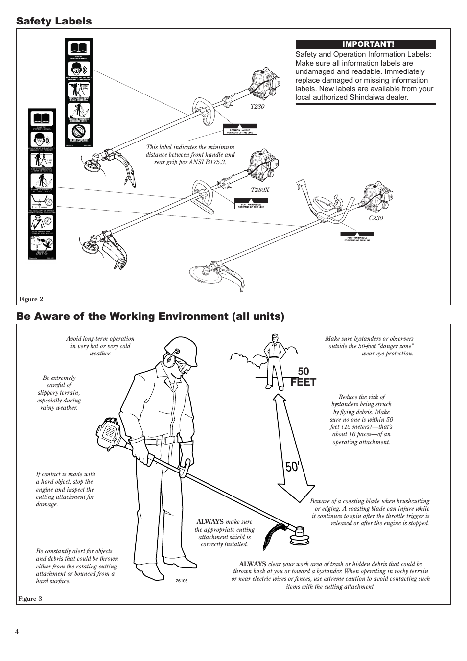Be aware of the working environment (all units), 50 feet, Safety labels | Shindaiwa T230 User Manual | Page 4 / 24