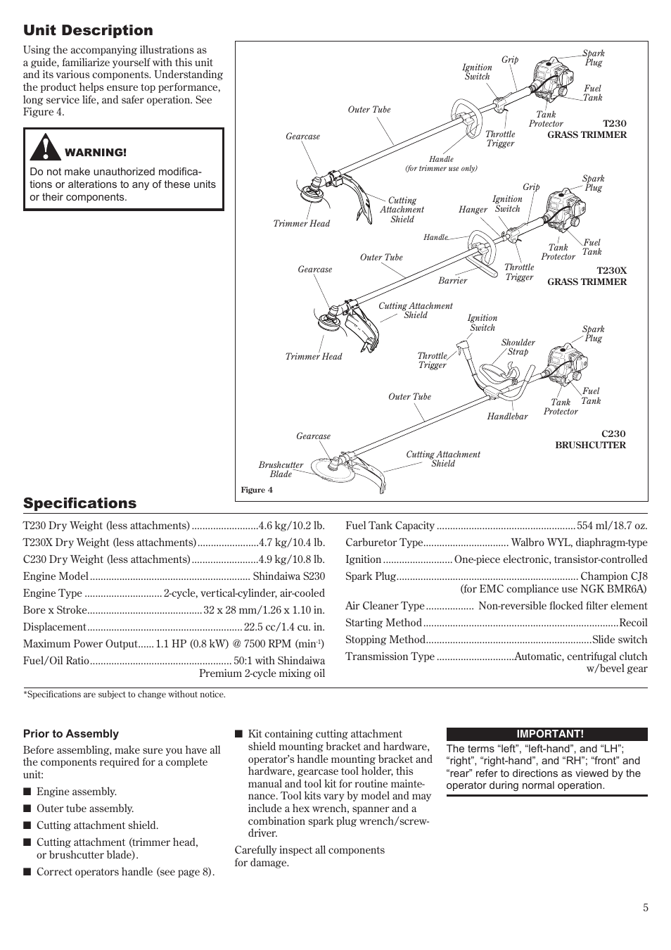 Unit description, Specifications | Shindaiwa T230 User Manual | Page 5 / 24