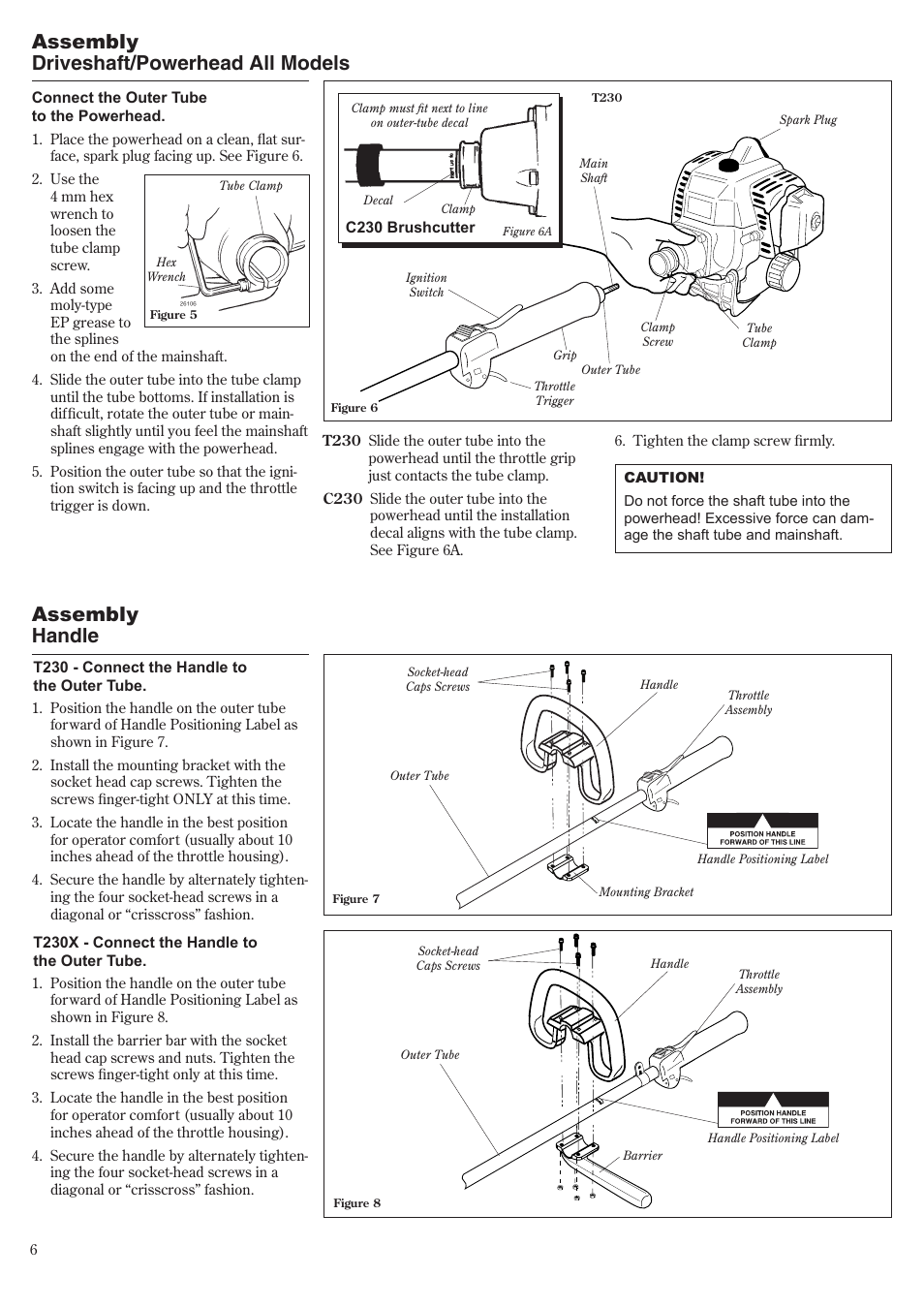 Driveshaft/powerhead all models, Assembly, Assembly handle | Shindaiwa T230 User Manual | Page 6 / 24