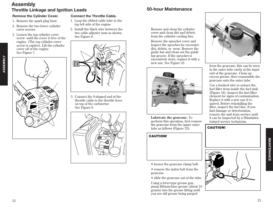 Assembly, Throttle linkage and ignition leads, Hour maintenance | Shindaiwa 63888-94010 User Manual | Page 12 / 18