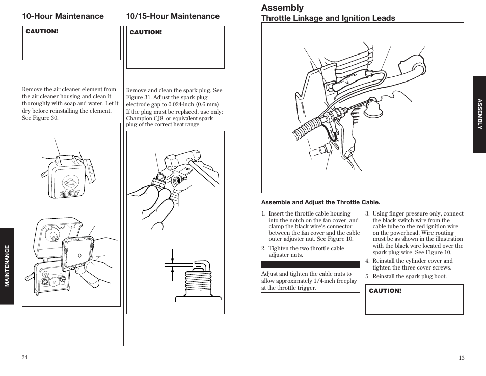 Assembly, Throttle linkage and ignition leads, Hour maintenance | 10/15-hour maintenance | Shindaiwa 63888-94010 User Manual | Page 13 / 18