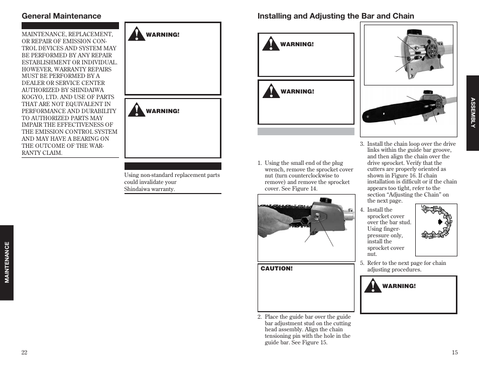 Installing and adjusting the bar and chain, General maintenance | Shindaiwa 63888-94010 User Manual | Page 15 / 18