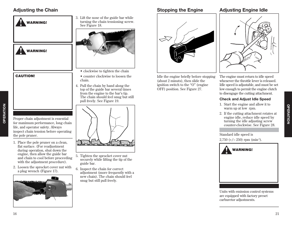 Adjusting the chain, Stopping the engine adjusting engine idle | Shindaiwa 63888-94010 User Manual | Page 16 / 18