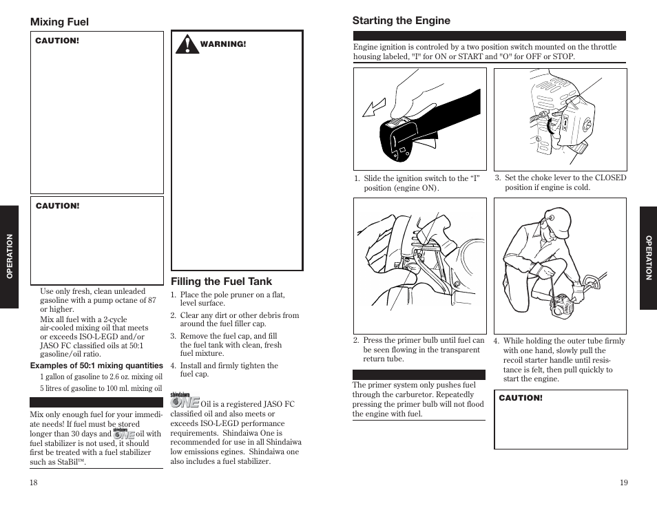 Filling the fuel tank, Mixing fuel, Starting the engine | Shindaiwa 63888-94010 User Manual | Page 18 / 18