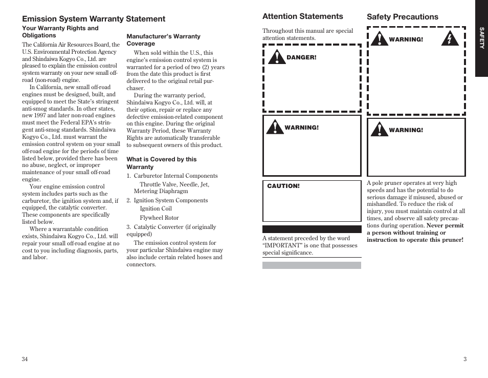 Safety precautions, Attention statements, Emission system warranty statement | Shindaiwa 63888-94010 User Manual | Page 3 / 18