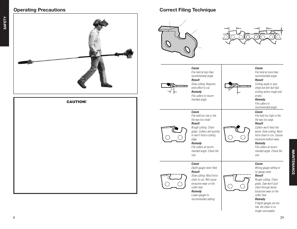 Operating precautions, Correct filing technique filing problems | Shindaiwa 63888-94010 User Manual | Page 8 / 18