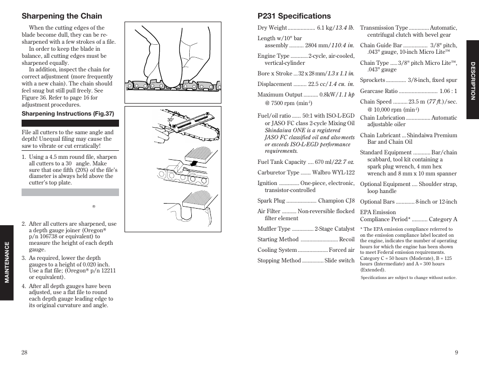 P231 specifications, Sharpening the chain | Shindaiwa 63888-94010 User Manual | Page 9 / 18