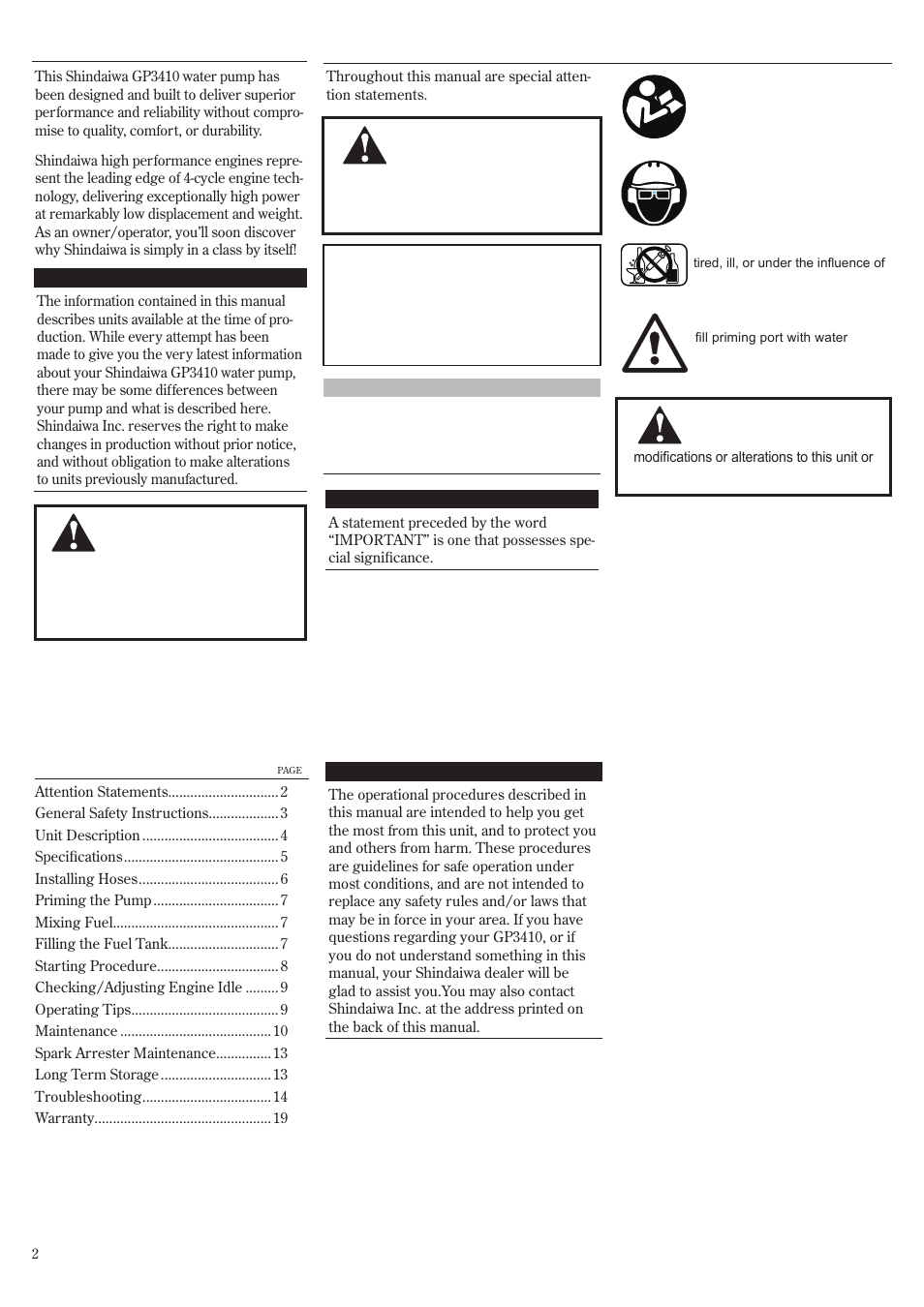 Attention statements, Contents introduction | Shindaiwa GP3410 User Manual | Page 2 / 60