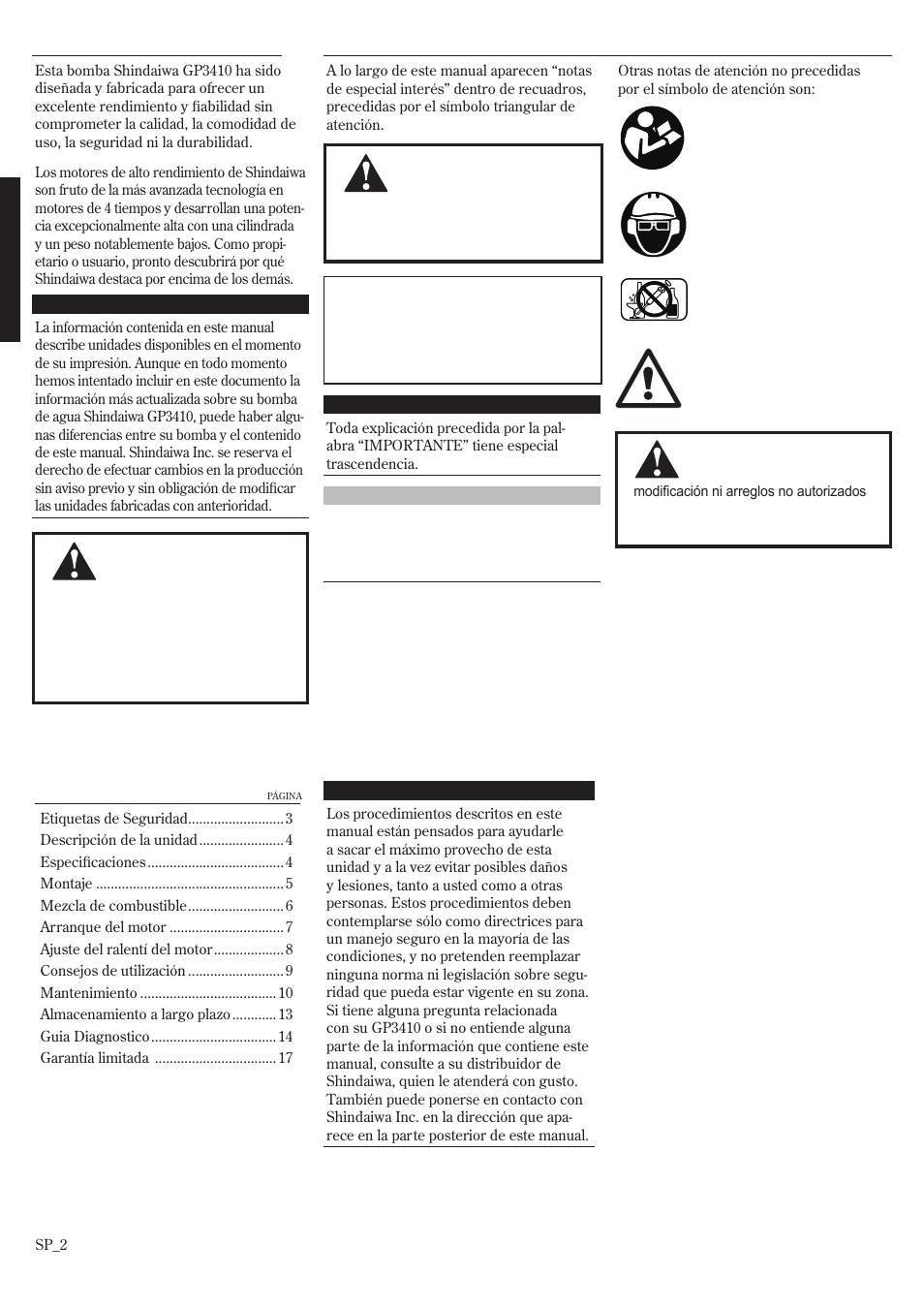 Notas de especial interés, Índice introducción | Shindaiwa GP3410 User Manual | Page 22 / 60