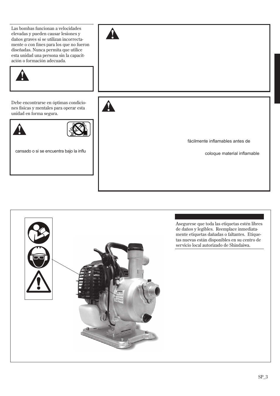 Etiquetas de seguridad, Instrucciones generales de seguridad | Shindaiwa GP3410 User Manual | Page 23 / 60