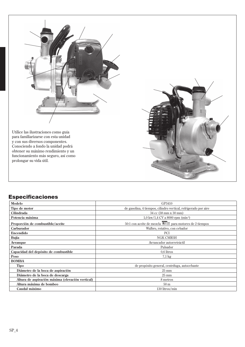 Descripción de la unidad, Especificaciones, Descripción de la unidad especificaciones | Shindaiwa GP3410 User Manual | Page 24 / 60