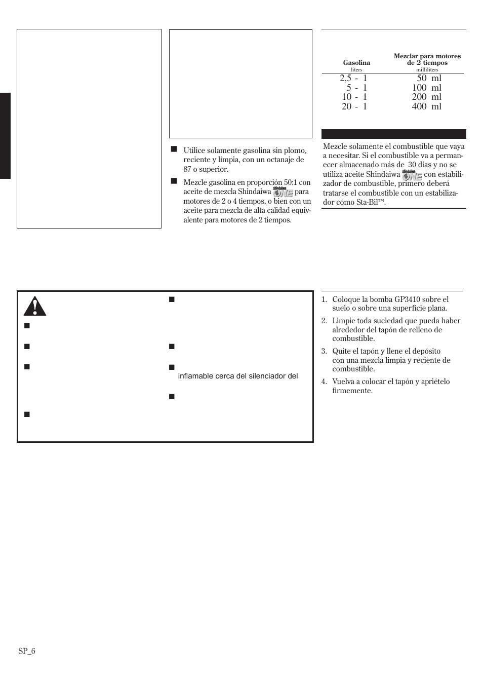 Mezcla de combustible, Llenado del depósito de combustible | Shindaiwa GP3410 User Manual | Page 26 / 60