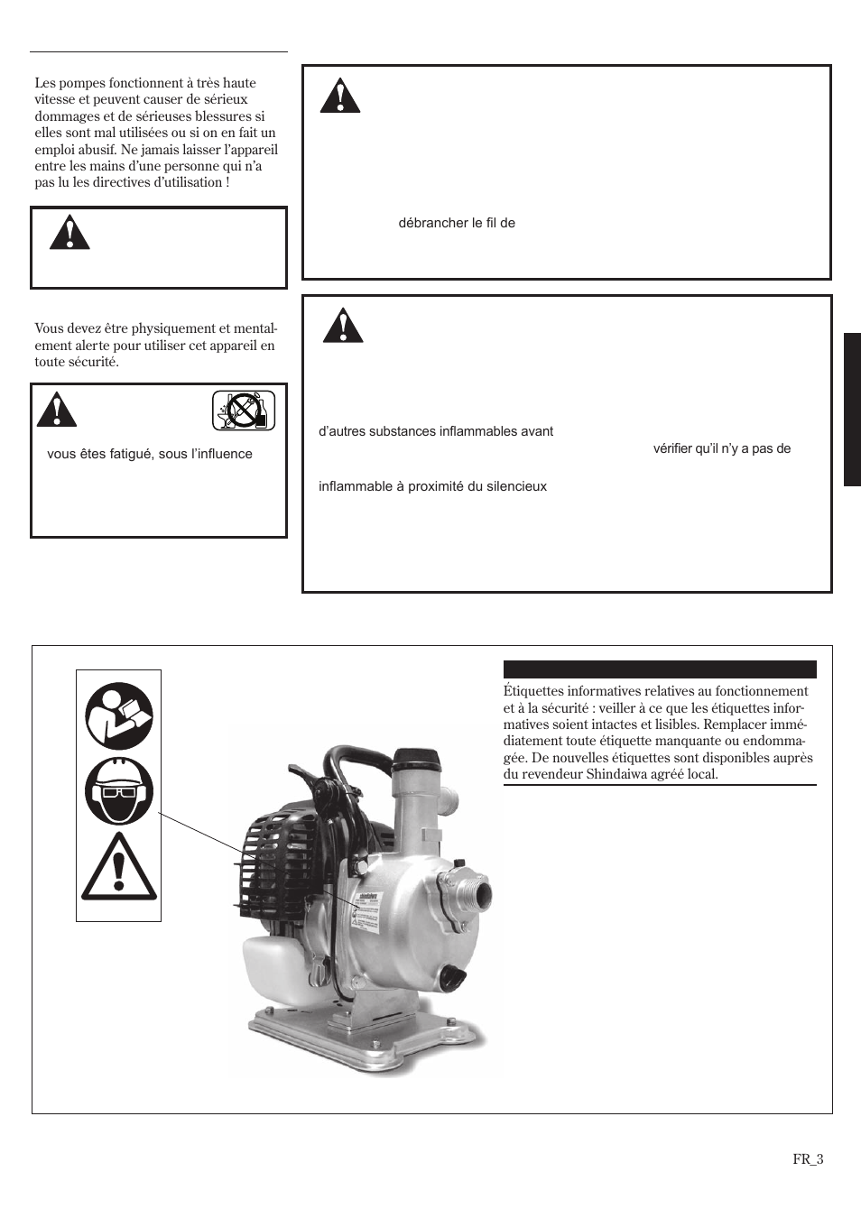 Mesures de sécurité générales, Étiquettes de sécurité | Shindaiwa GP3410 User Manual | Page 43 / 60