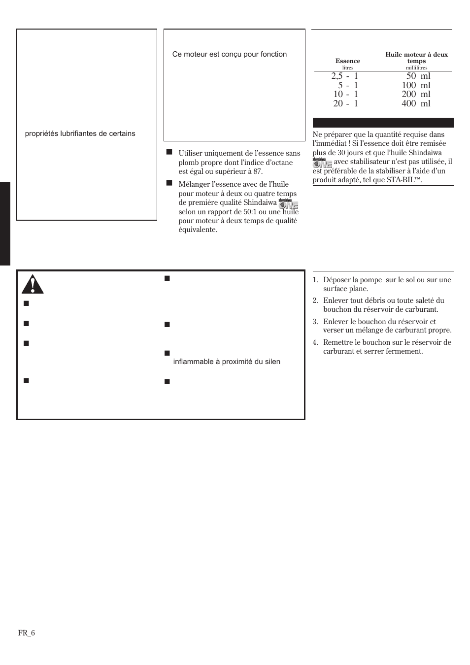 Mélange de carburant, Remplissage du réservoir de carburant, Mélange de carburant remplissage du | Réservoir de carburant | Shindaiwa GP3410 User Manual | Page 46 / 60