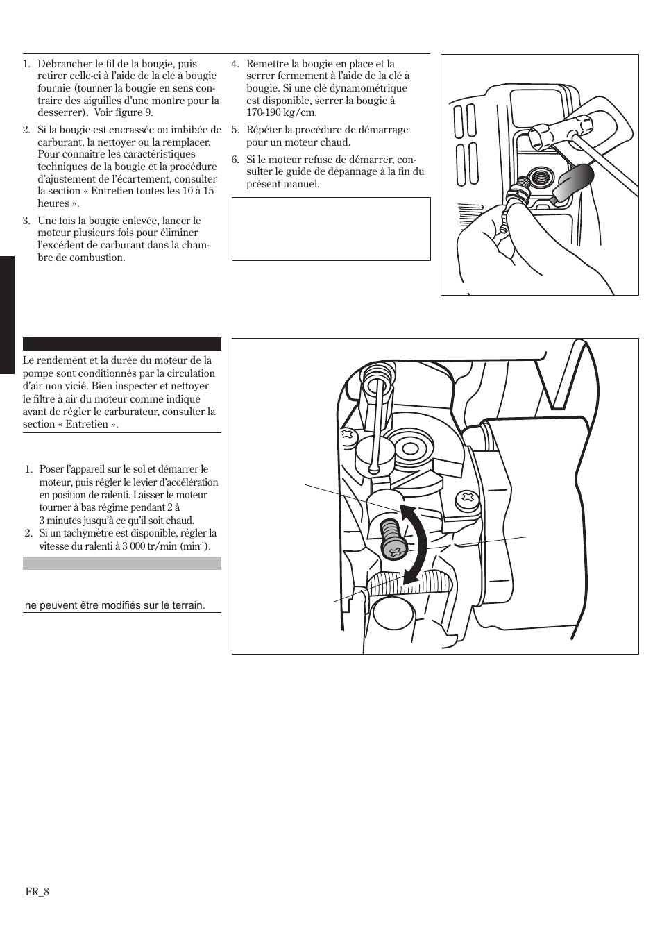 Réglage du ralenti du moteur, Démarrage du moteur (suite) | Shindaiwa GP3410 User Manual | Page 48 / 60