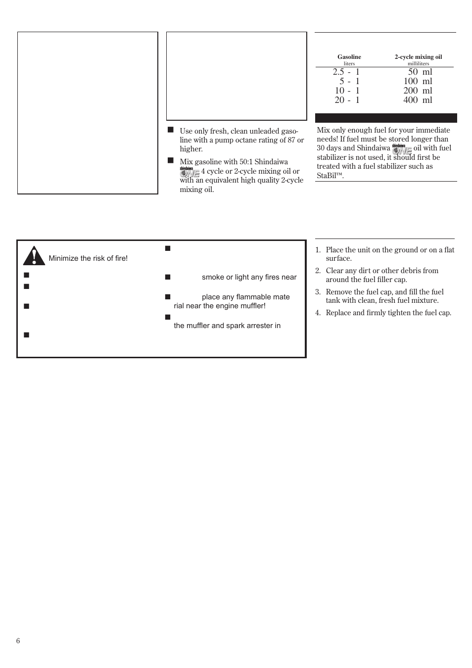 Mixing fuel, Filling the fuel tank | Shindaiwa GP3410 User Manual | Page 6 / 60