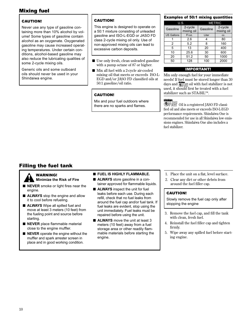 Mixing fuel filling the fuel tank, Mixing fuel | Shindaiwa 89303 User Manual | Page 10 / 72