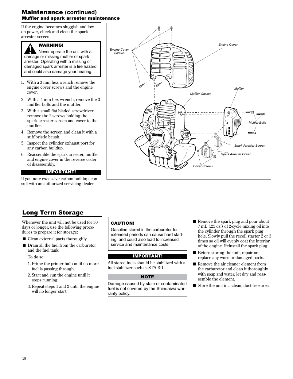 Long term storage, Maintenance (continued) | Shindaiwa 89303 User Manual | Page 18 / 72