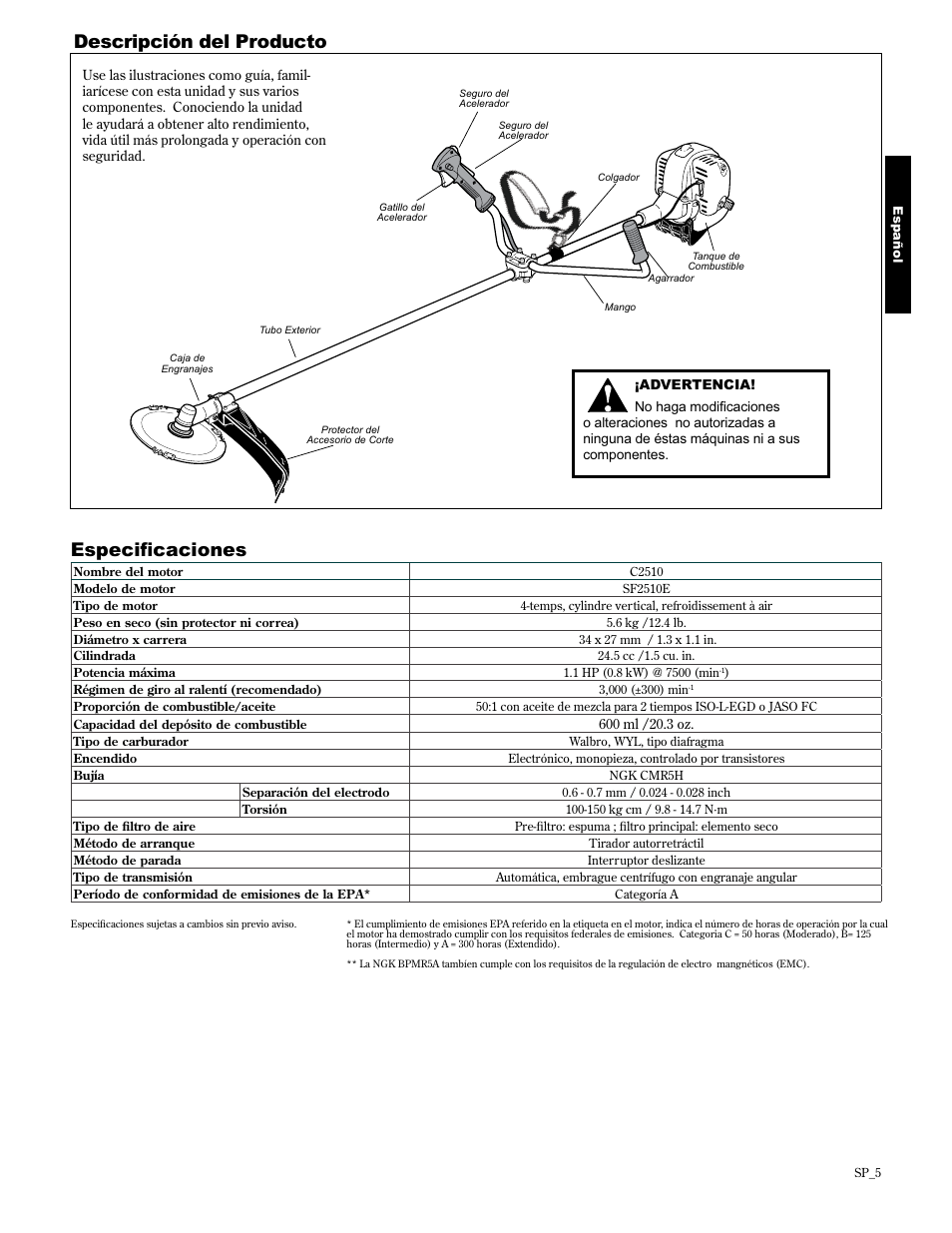 Descripción del producto, Vshflàfdflrqhv | Shindaiwa 89303 User Manual | Page 29 / 72