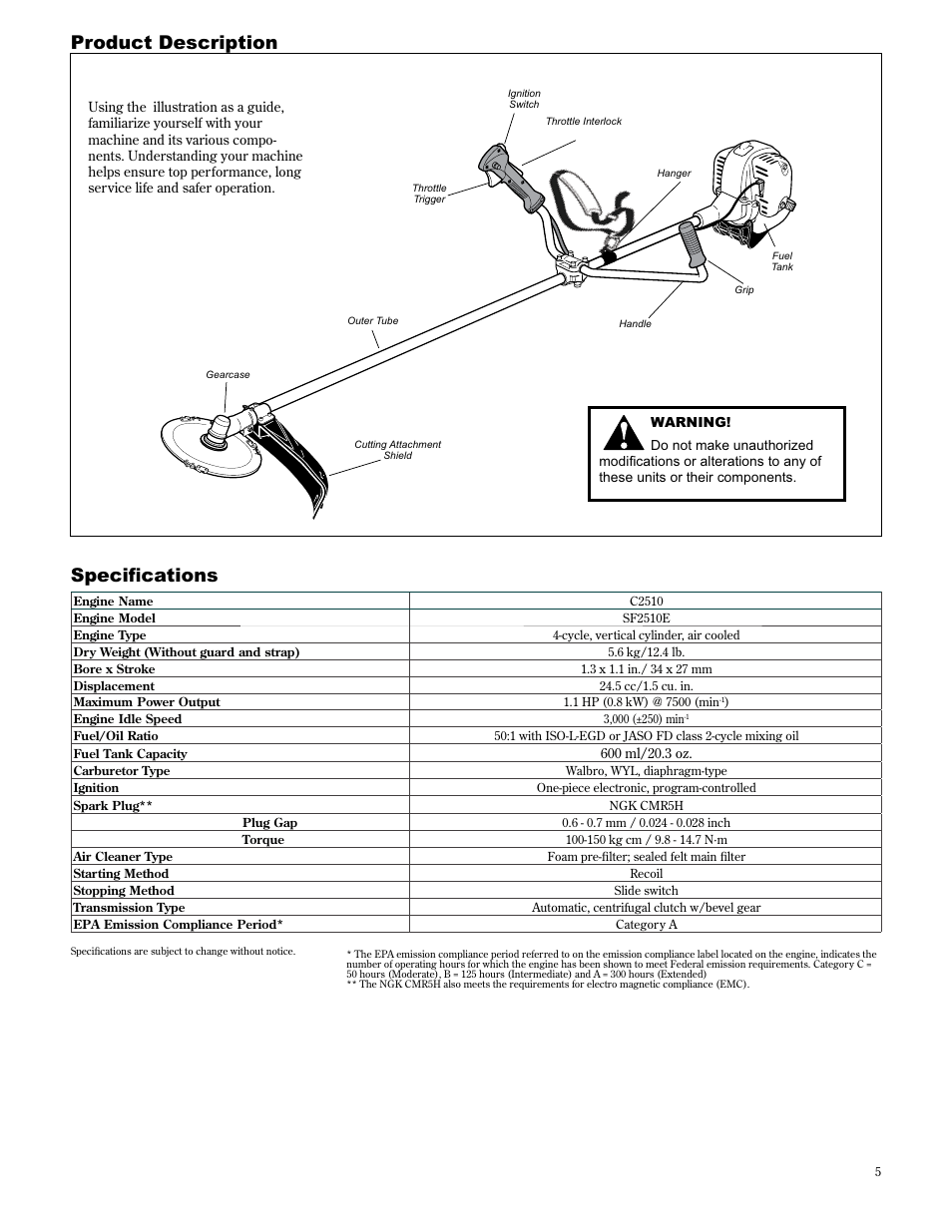 Product description, 6shflàfdwlrqv | Shindaiwa 89303 User Manual | Page 5 / 72