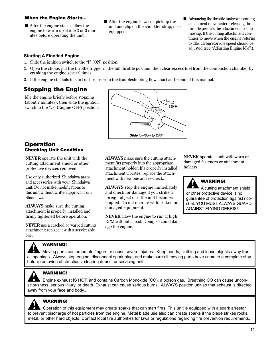 Stopping the engine operation | Shindaiwa MULTiPURPOSE TOOL CaRRiER M254 User Manual | Page 11 / 24