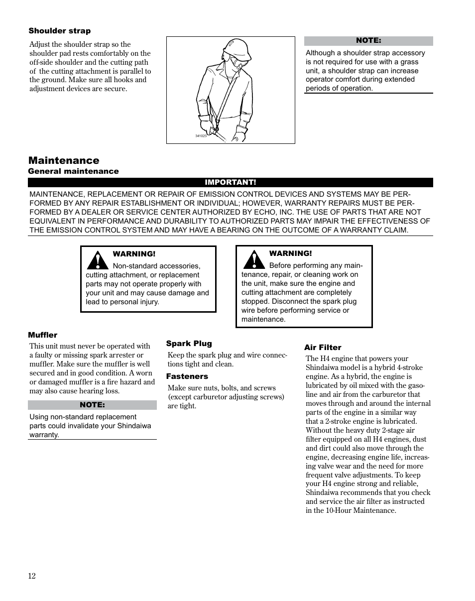 Maintenance | Shindaiwa MULTiPURPOSE TOOL CaRRiER M254 User Manual | Page 12 / 24