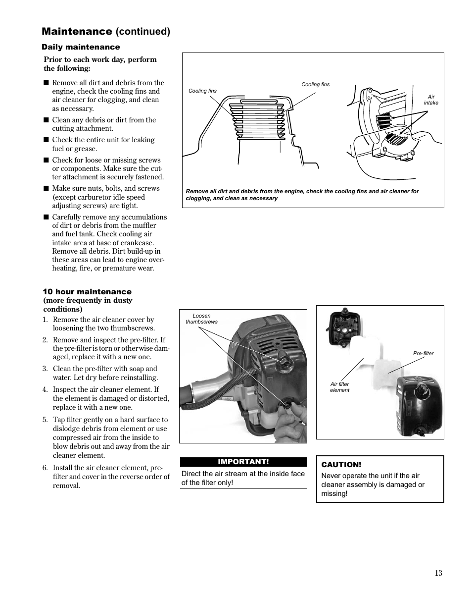 Maintenance (continued) | Shindaiwa MULTiPURPOSE TOOL CaRRiER M254 User Manual | Page 13 / 24