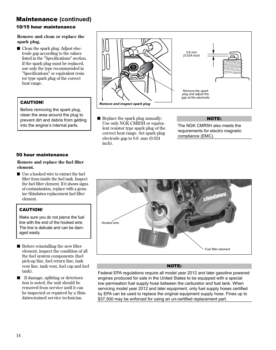 Maintenance (continued) | Shindaiwa MULTiPURPOSE TOOL CaRRiER M254 User Manual | Page 14 / 24