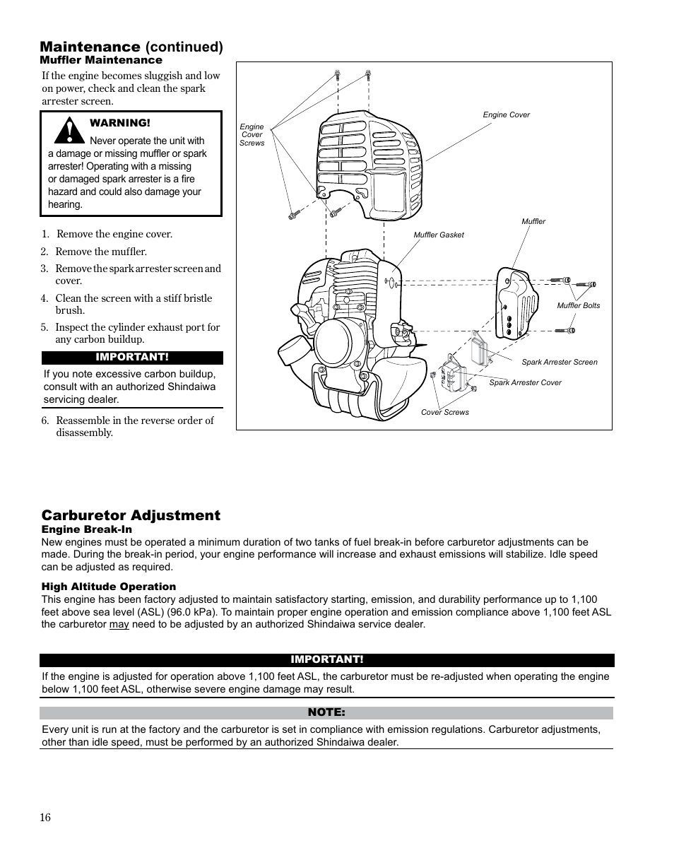 Maintenance (continued), Carburetor adjustment | Shindaiwa MULTiPURPOSE TOOL CaRRiER M254 User Manual | Page 16 / 24