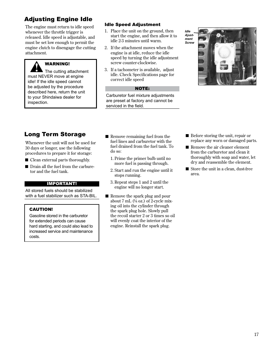 Long term storage, Adjusting engine idle | Shindaiwa MULTiPURPOSE TOOL CaRRiER M254 User Manual | Page 17 / 24