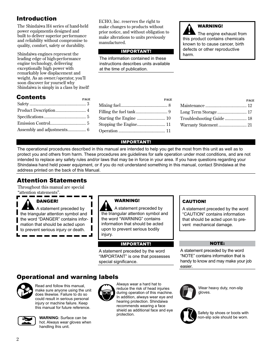 Introduction, Attention statements, Operational and warning labels contents | Shindaiwa MULTiPURPOSE TOOL CaRRiER M254 User Manual | Page 2 / 24