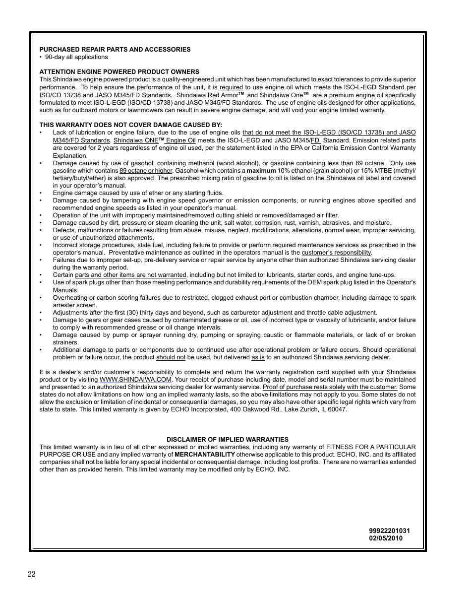 Shindaiwa MULTiPURPOSE TOOL CaRRiER M254 User Manual | Page 22 / 24