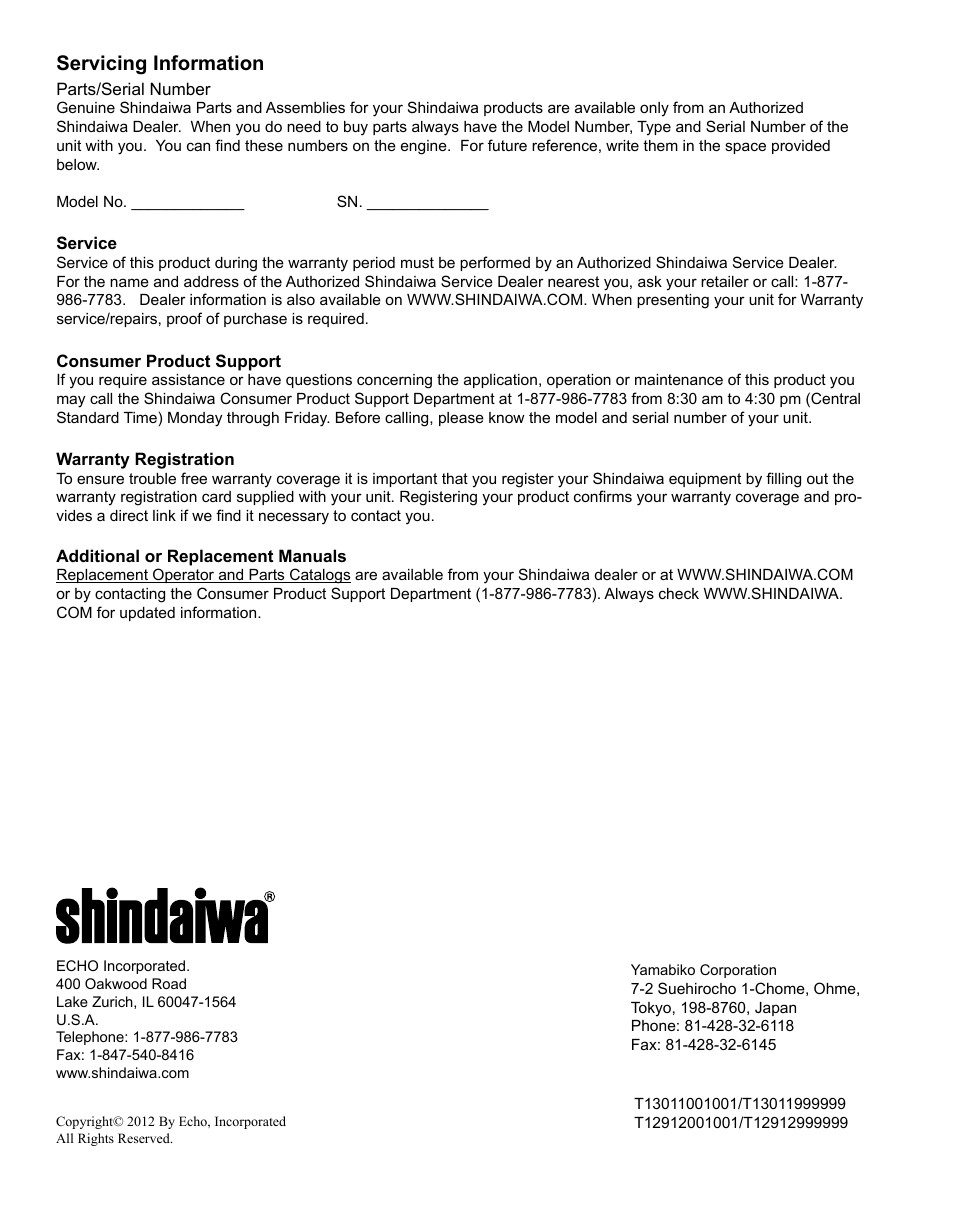 Servicing information | Shindaiwa MULTiPURPOSE TOOL CaRRiER M254 User Manual | Page 24 / 24