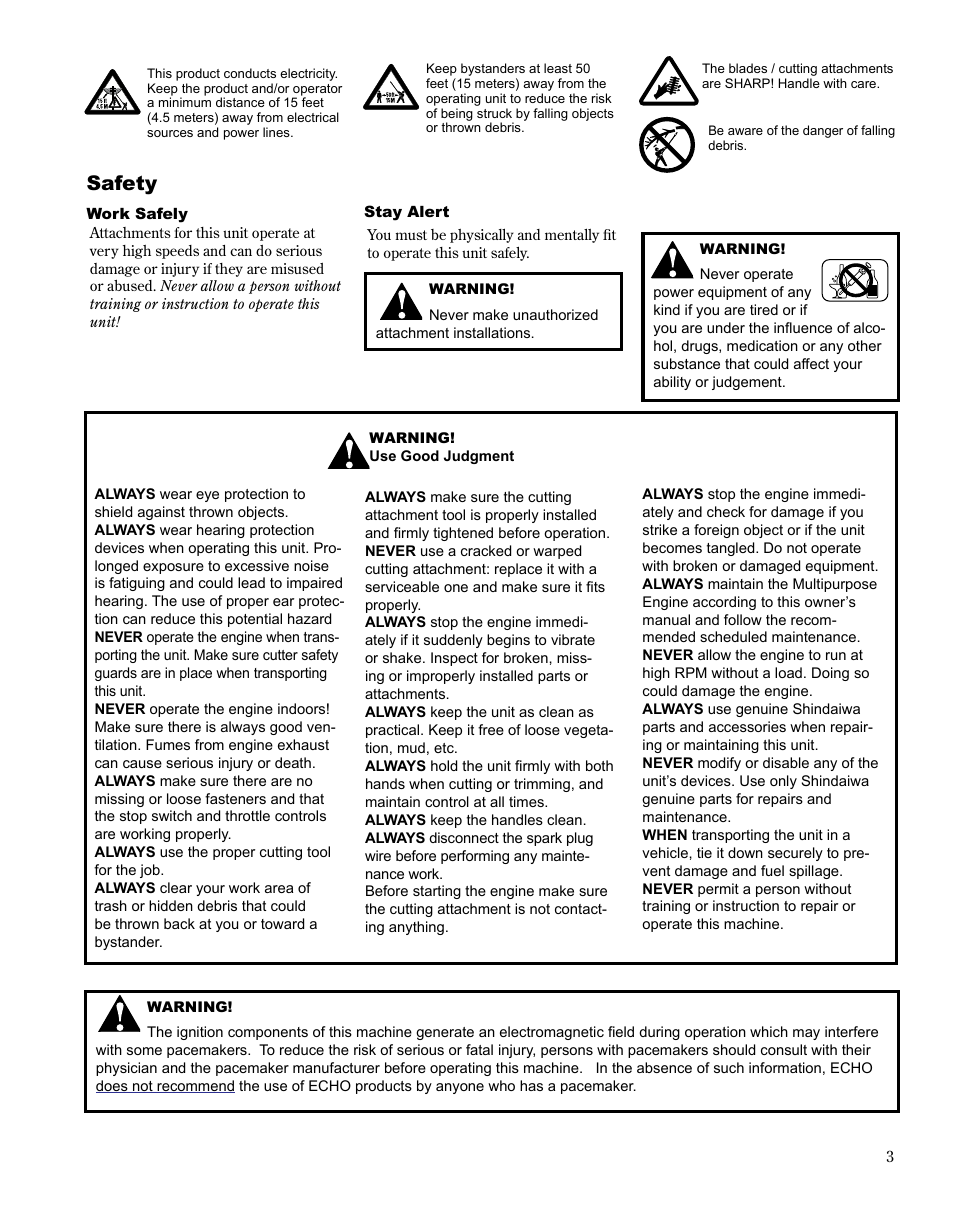 Safety | Shindaiwa MULTiPURPOSE TOOL CaRRiER M254 User Manual | Page 3 / 24