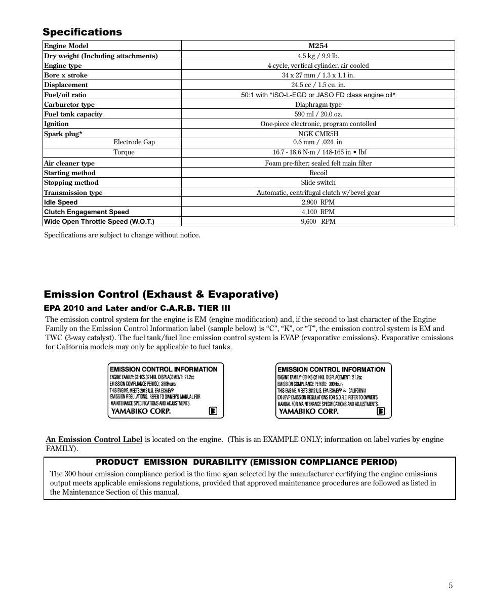 Specifications, Emission control (exhaust & evaporative) | Shindaiwa MULTiPURPOSE TOOL CaRRiER M254 User Manual | Page 5 / 24