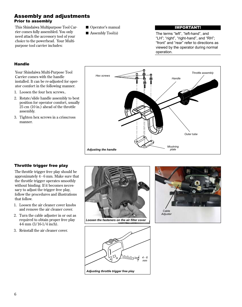 Assembly and adjustments | Shindaiwa MULTiPURPOSE TOOL CaRRiER M254 User Manual | Page 6 / 24