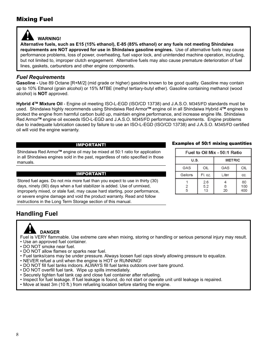 Handling fuel, Mixing fuel | Shindaiwa MULTiPURPOSE TOOL CaRRiER M254 User Manual | Page 8 / 24