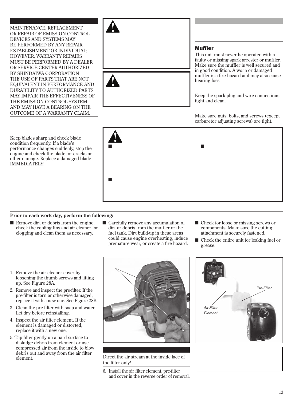 General maintenance, Daily maintenance, Hour maintenance | Shindaiwa T2510 User Manual | Page 13 / 40