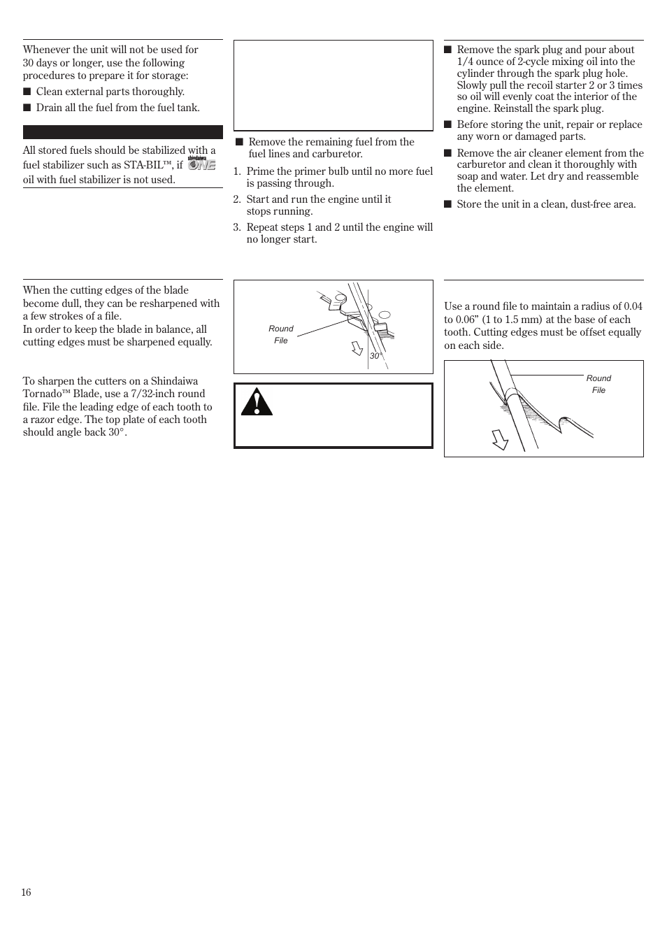 Long term storage, Blade sharpening | Shindaiwa T2510 User Manual | Page 16 / 40