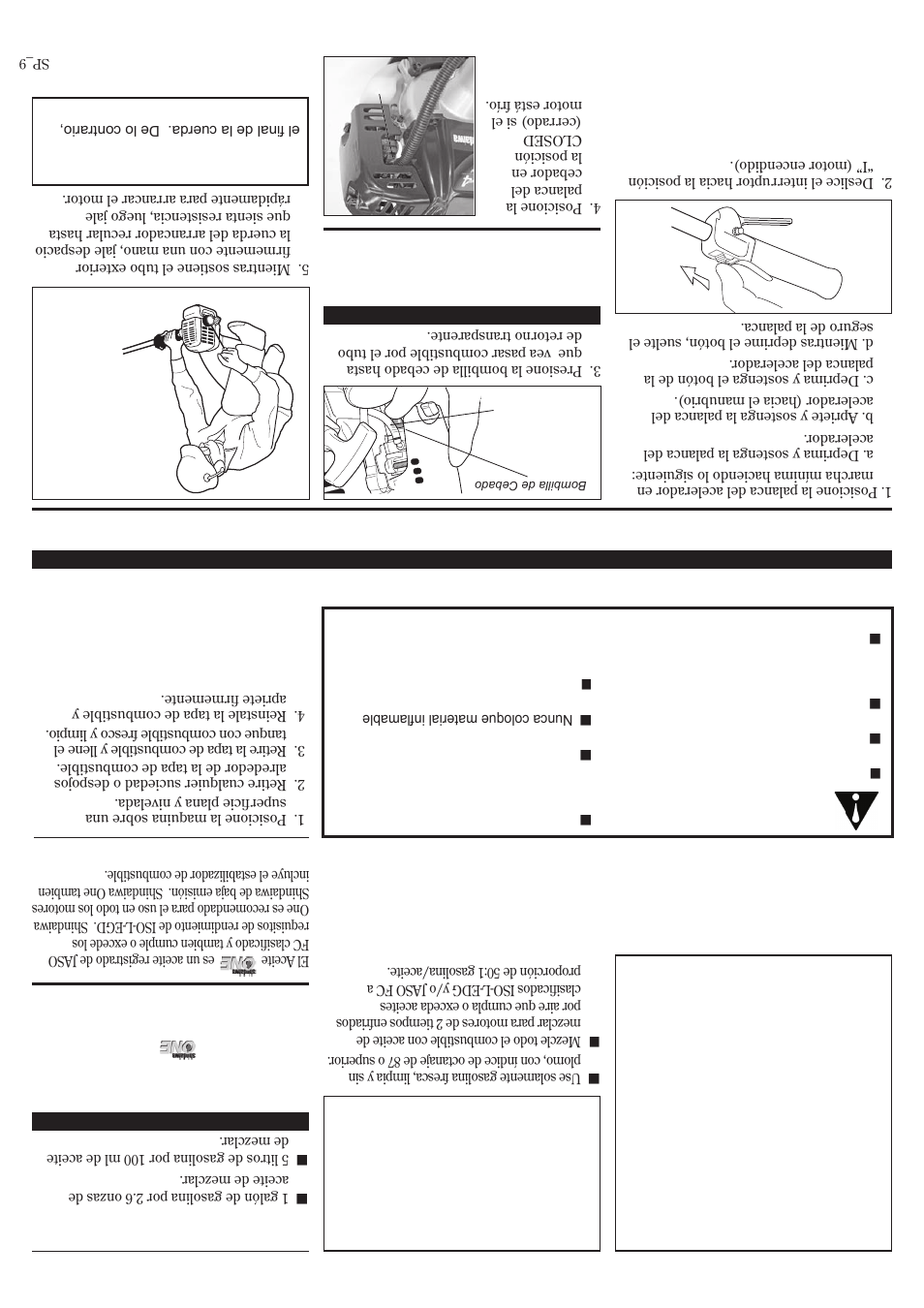 Arranque del motor, Mezcla de combustible, Llenando el tanque de combustible | Shindaiwa T2510 User Manual | Page 32 / 40