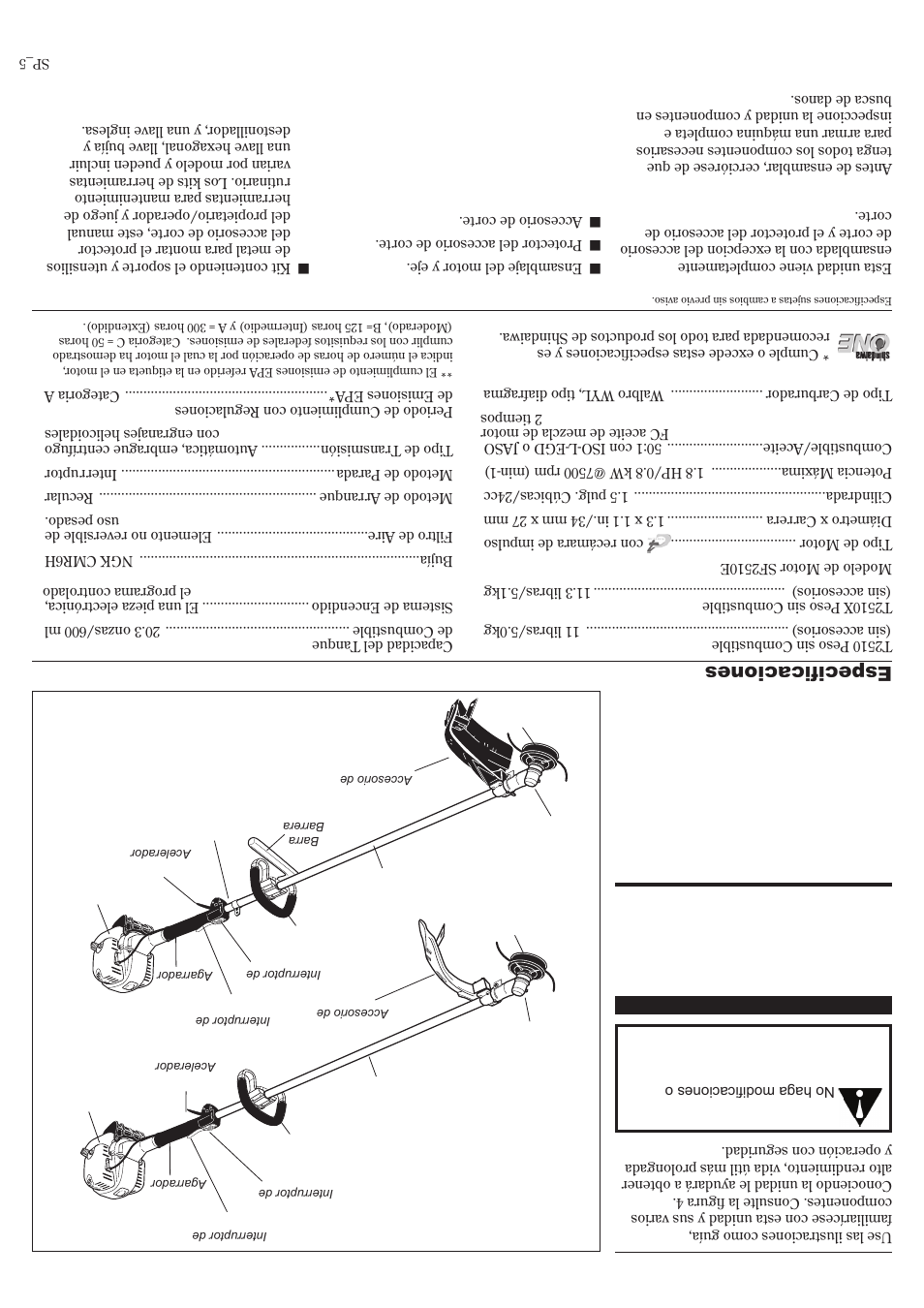 Des cri pci ón del p rod uct o, Especificaciones | Shindaiwa T2510 User Manual | Page 36 / 40