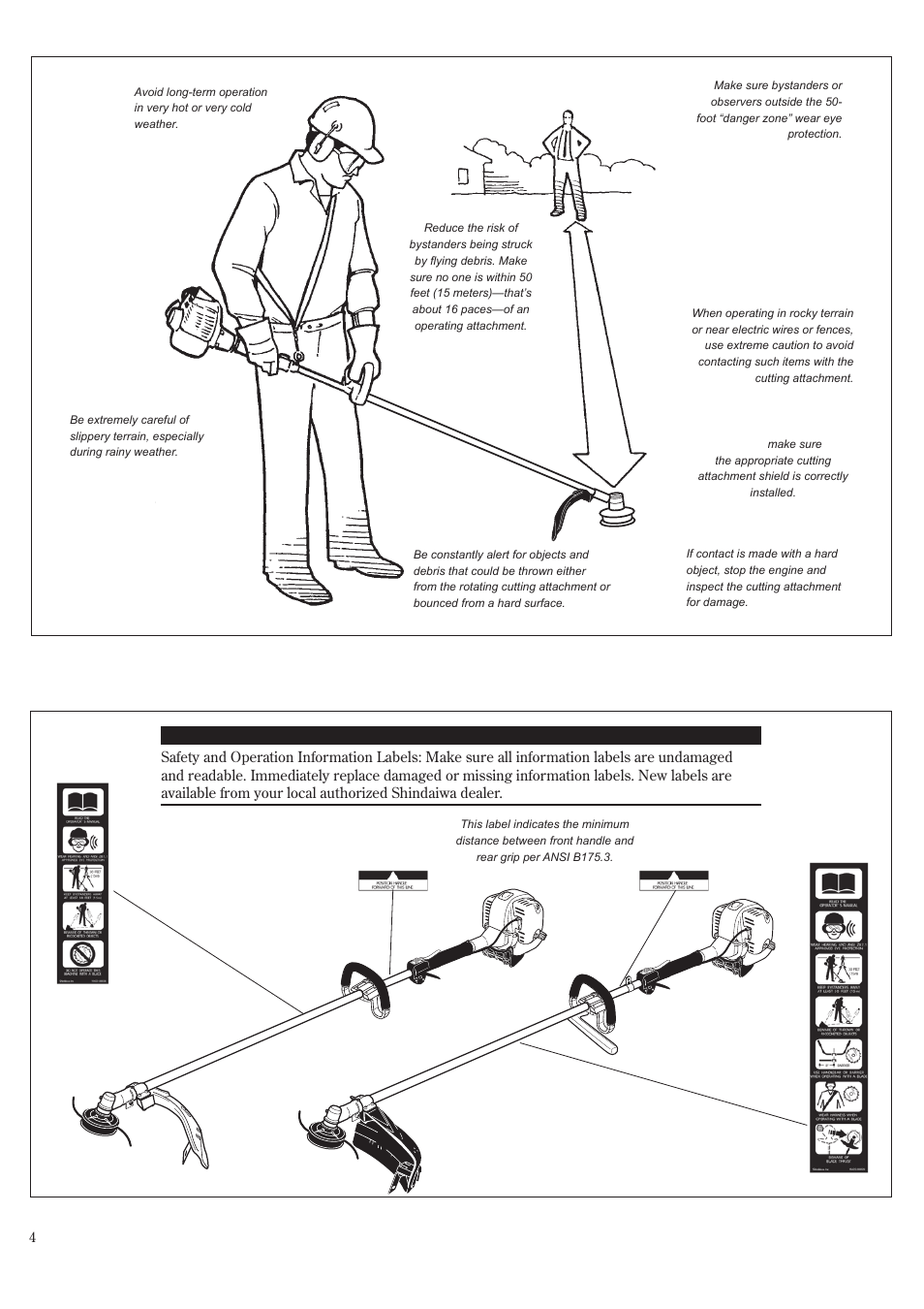 Safety labels, Be aware of the working environment, 50 feet | Shindaiwa T2510 User Manual | Page 4 / 40