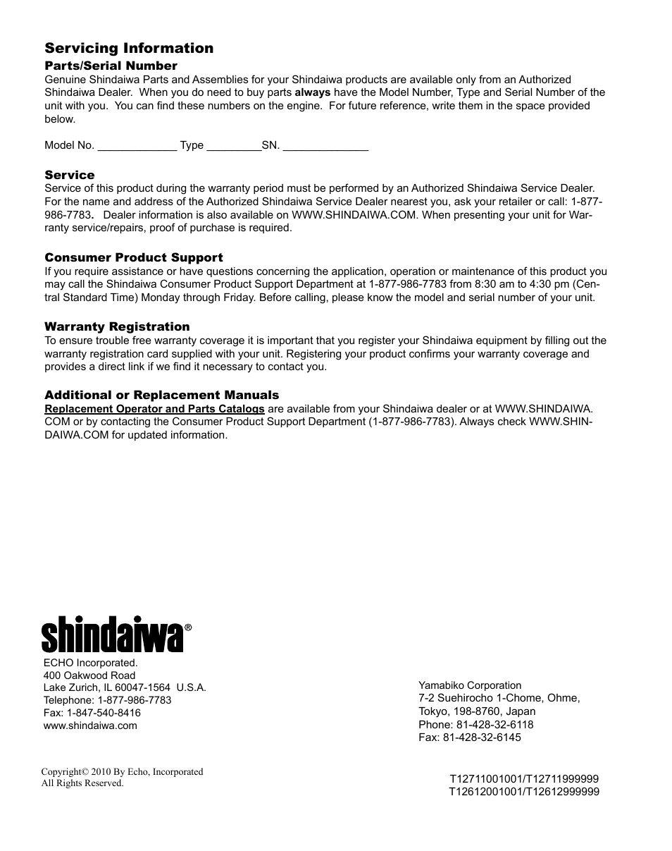 Servicing information | Shindaiwa AH254 User Manual | Page 28 / 28