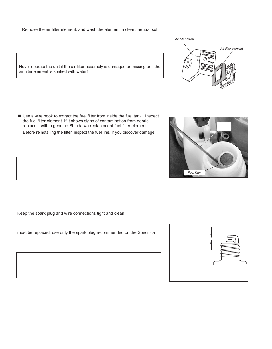 Starting warm engine, Stopping engine, Air filter fuel filter | Spark plug | Shindaiwa X7502862800 User Manual | Page 14 / 56