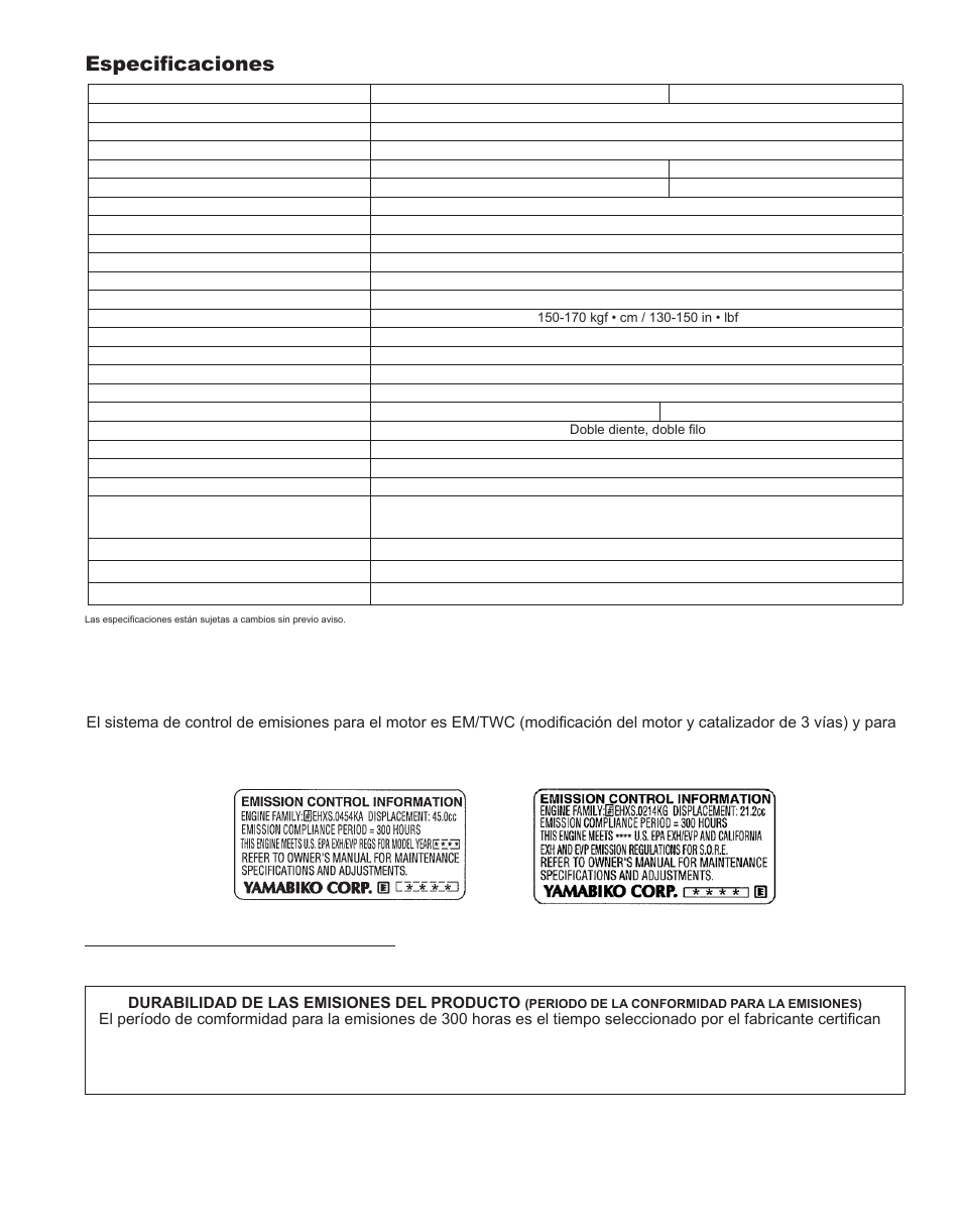 Especificaciones, Control de emisiones (escape y evaporativo), Epa 2010 y posterior o carb tier iii | Shindaiwa X7502862800 User Manual | Page 35 / 56