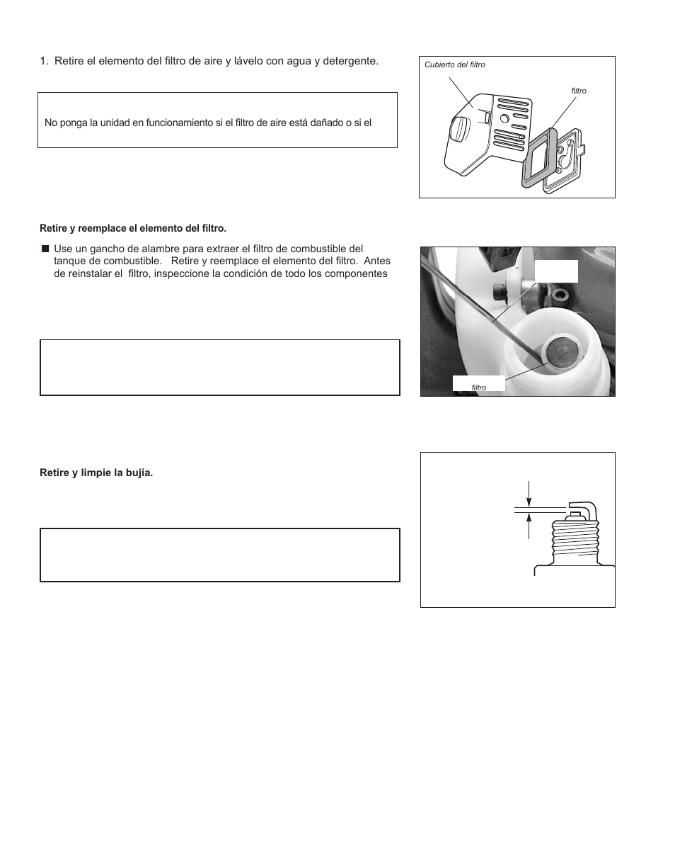 Starting cold engine, Filtro de aire, Filtro de combustible | Bujía | Shindaiwa X7502862800 User Manual | Page 42 / 56